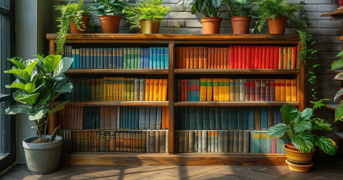A wooden bookshelf of colorful books grouped by color, like a wiki compiled from many sources and kept in order.
