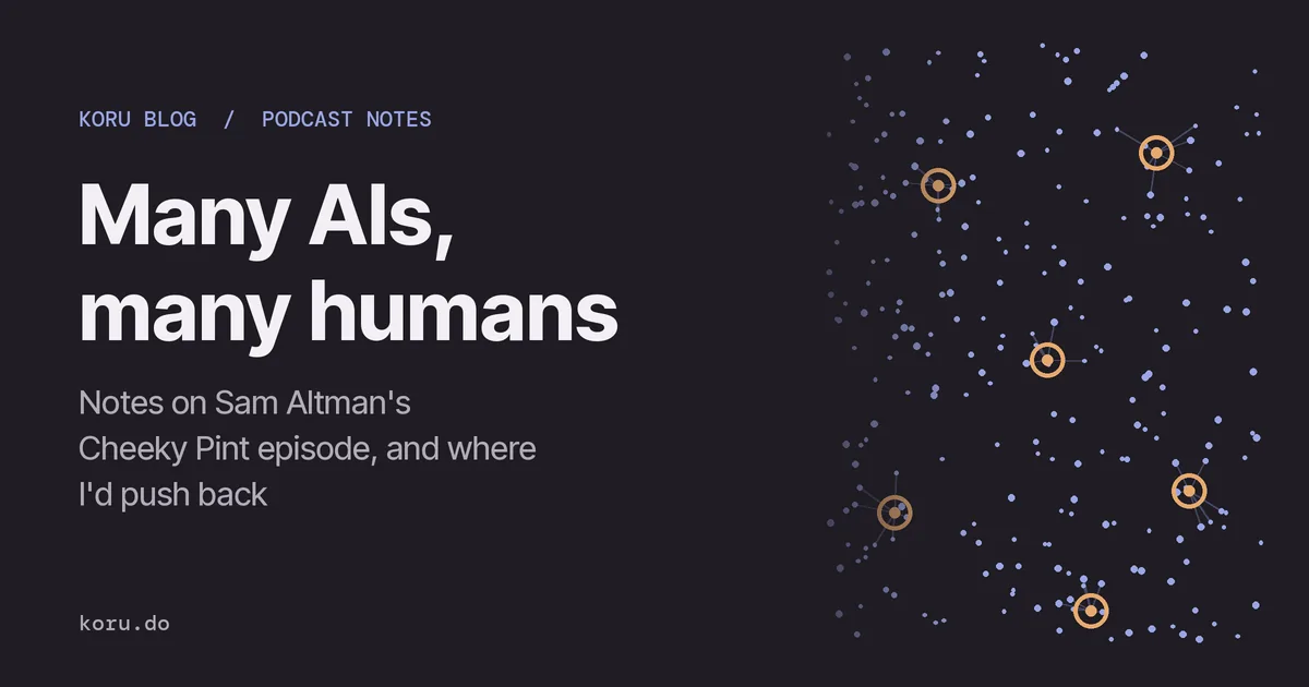 The words Many AIs, many humans beside a field of small blue dots for AI agents, with a few orange rings for people, each linked to the agents around it.