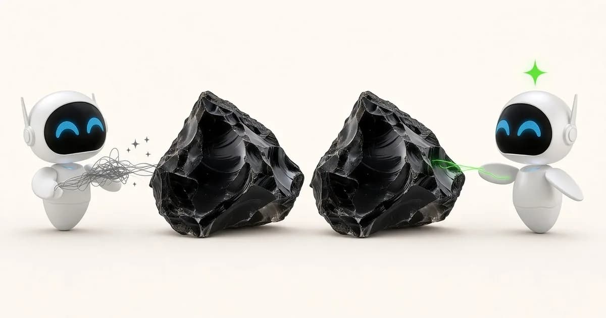 Two small white AI robots beside two black obsidian stones: one fumbles with a tangle of grey threads, the other touches its stone through a single green thread under a green sparkle.